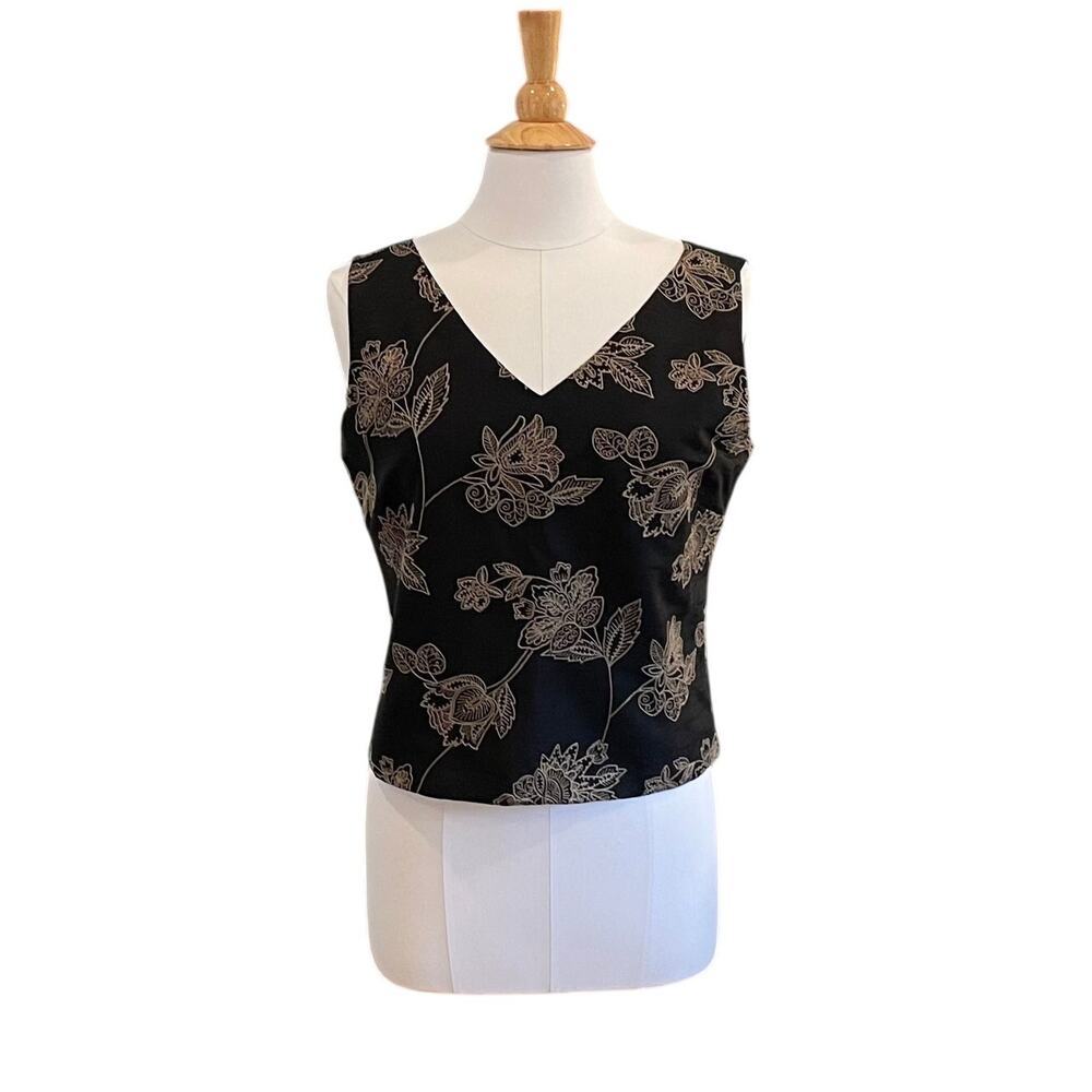 Tommy Bahama Silk Floral Tank, Black Gold, V-Neck, Hawaiian, Size 12
